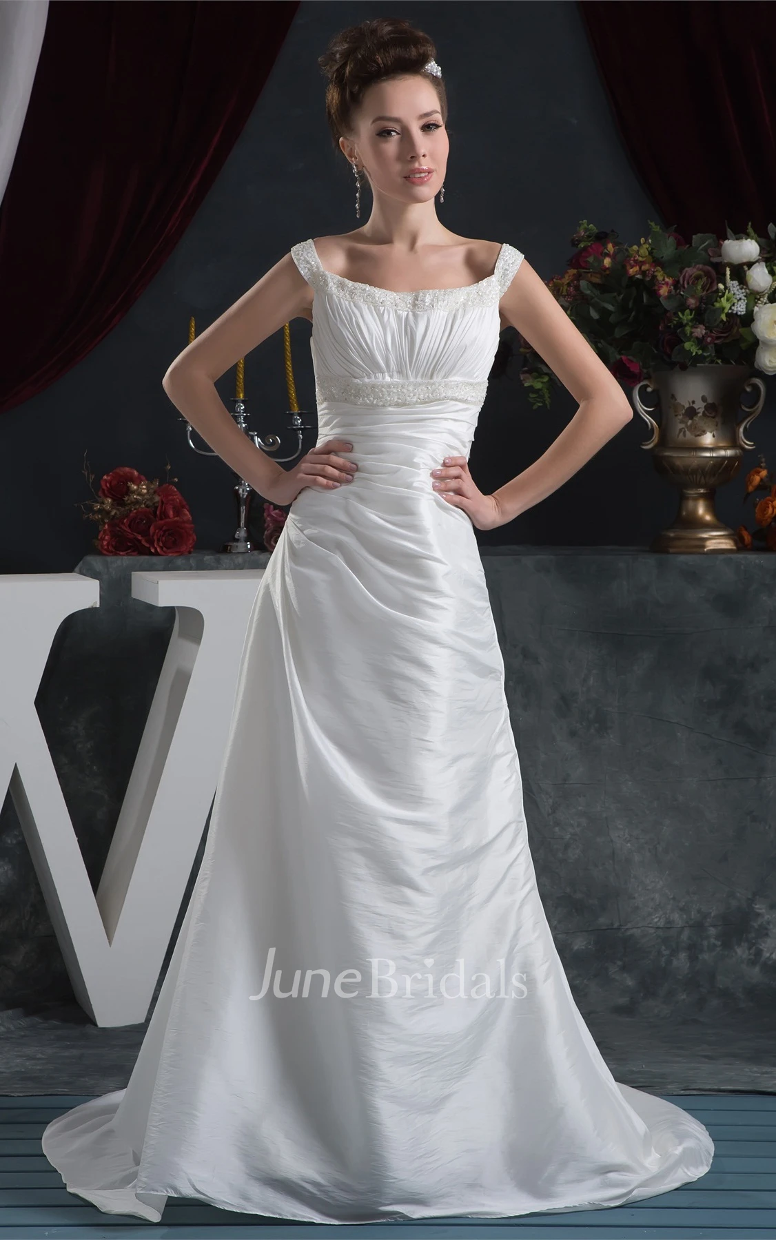 Strapped Ruched Taffeta A-Line Dress with Crystal Detailing