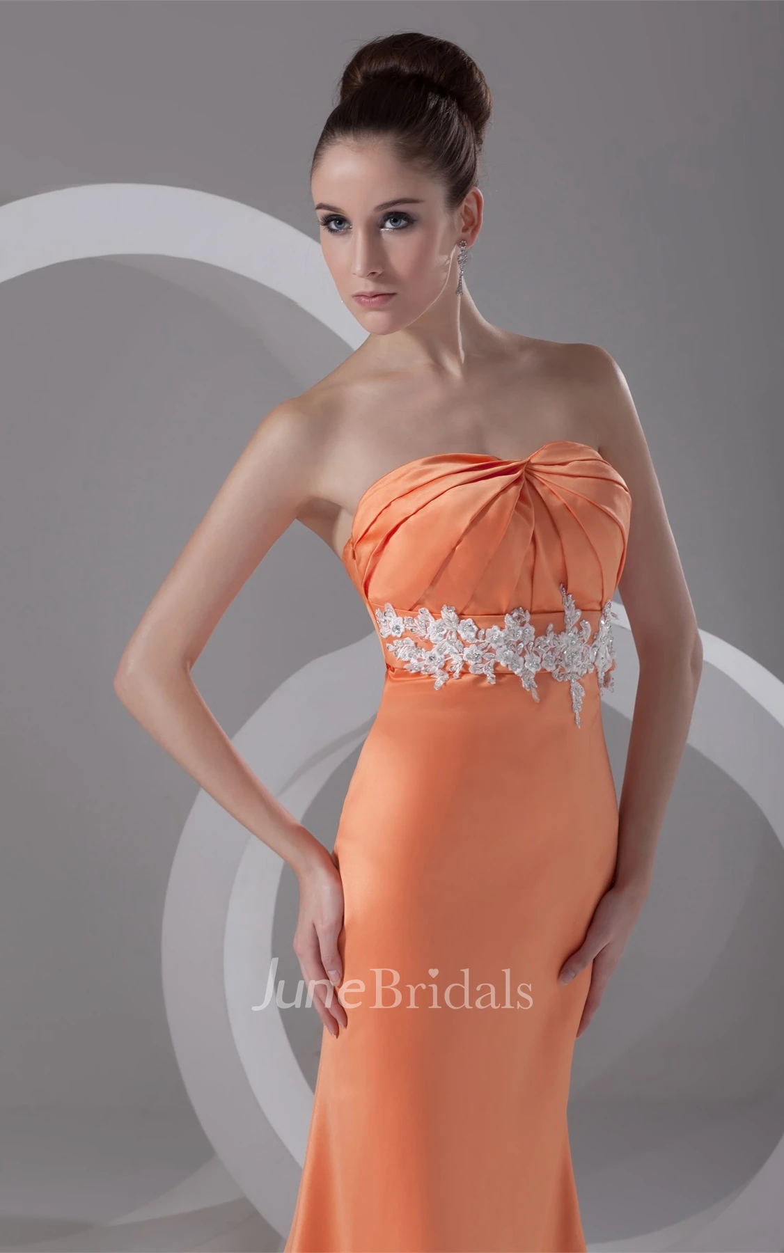 strapless ankle-length ruched satin dress with appliqued waist