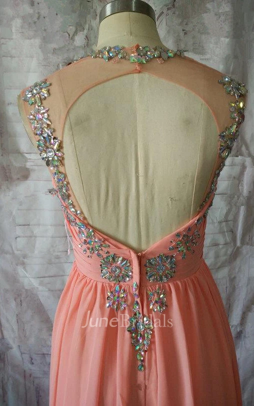 A-line Cap Sleeved Chiffon Dress With Beading And Keyhole Back