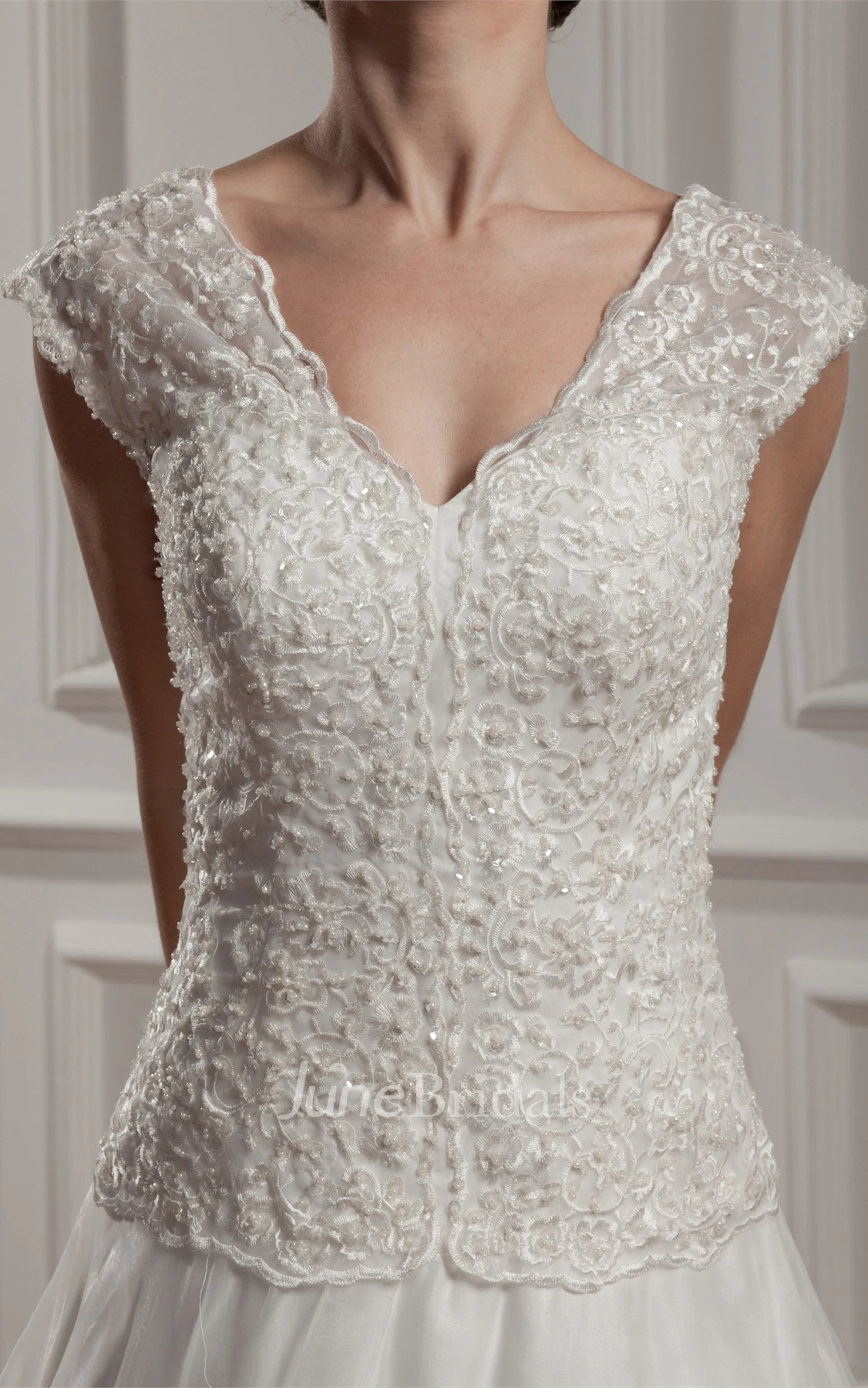 Caped-Sleeve Plunged A-Line Dress with Appliques and Pleats