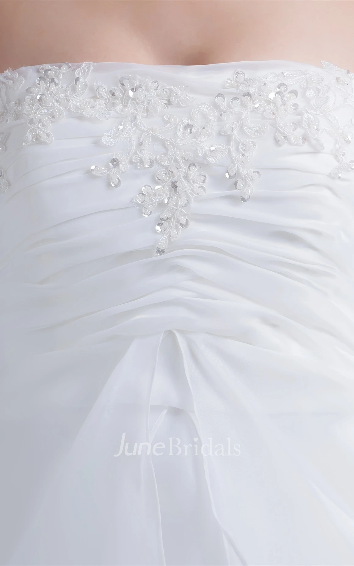 Strapless Ruched Empire A-Line Gown with Appliques