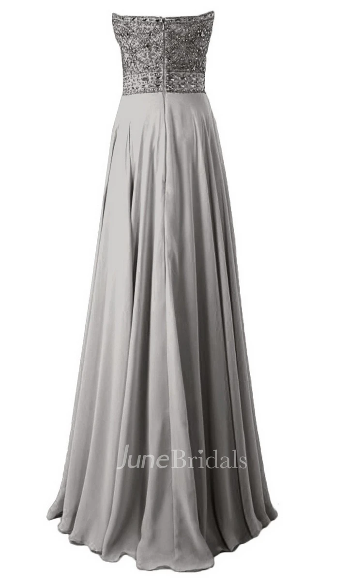 Strapless Long Satin Dress With Beaded Bodice