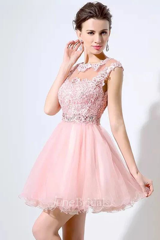 A-line Bateau Short Sleeve Beading Pleats Short Mini Lace Tulle Homecoming Dress