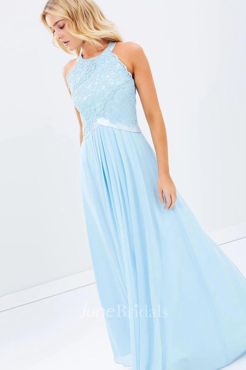 Appliqued Scoop Neck Sleeveless Chiffon Bridesmaid Dress With Ribbon