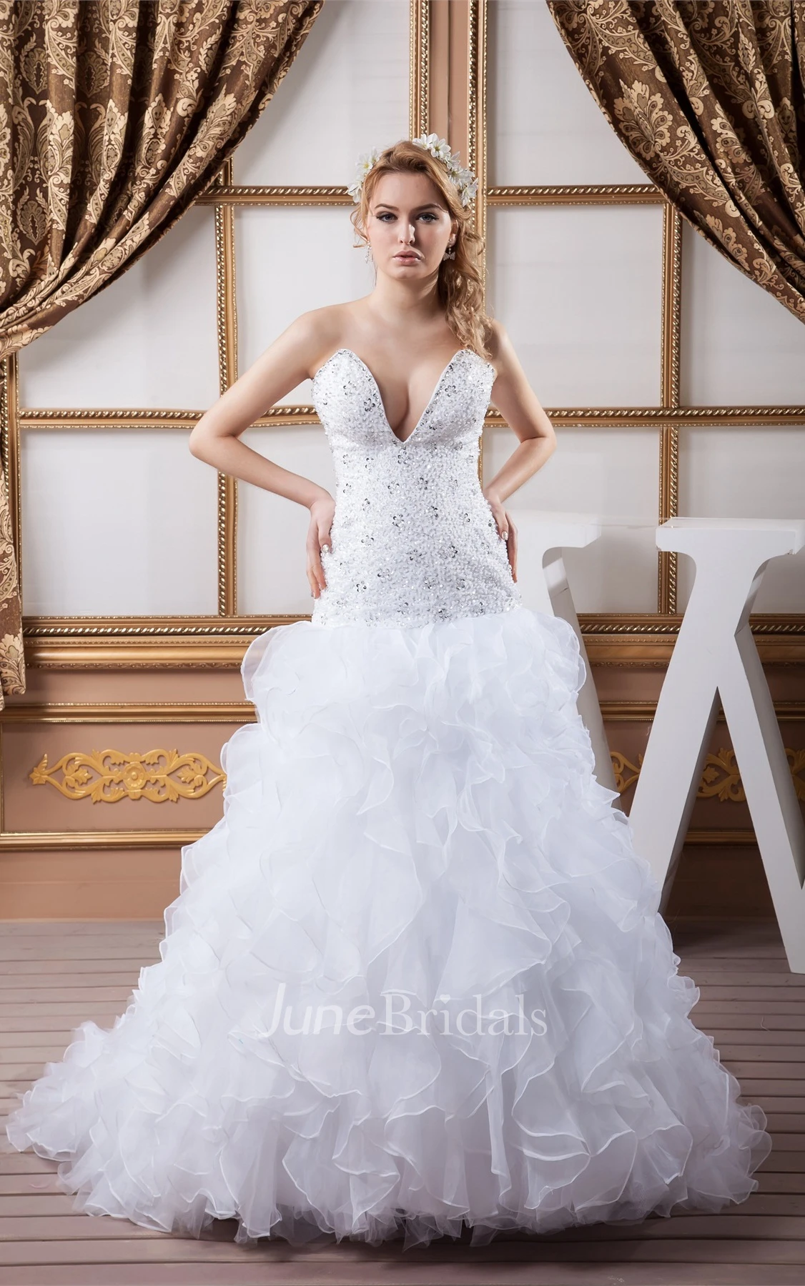 Deep-V-Neck Ruffled A-Line Dress with Crystal Detailing