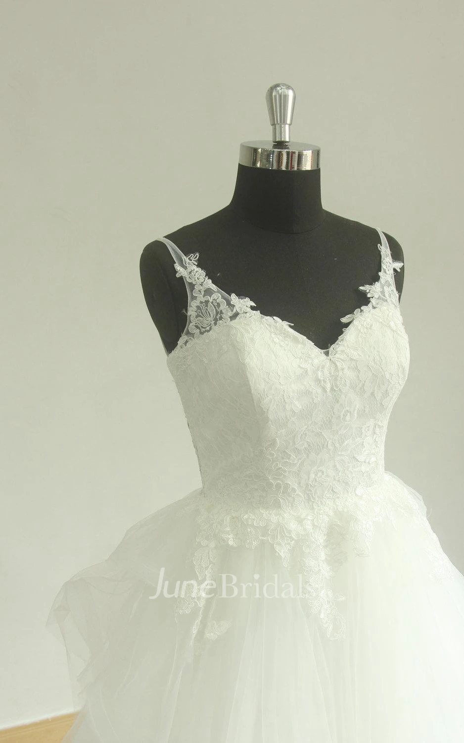 Backless Tulle Lace Satin Weddig Dress With Ruffles