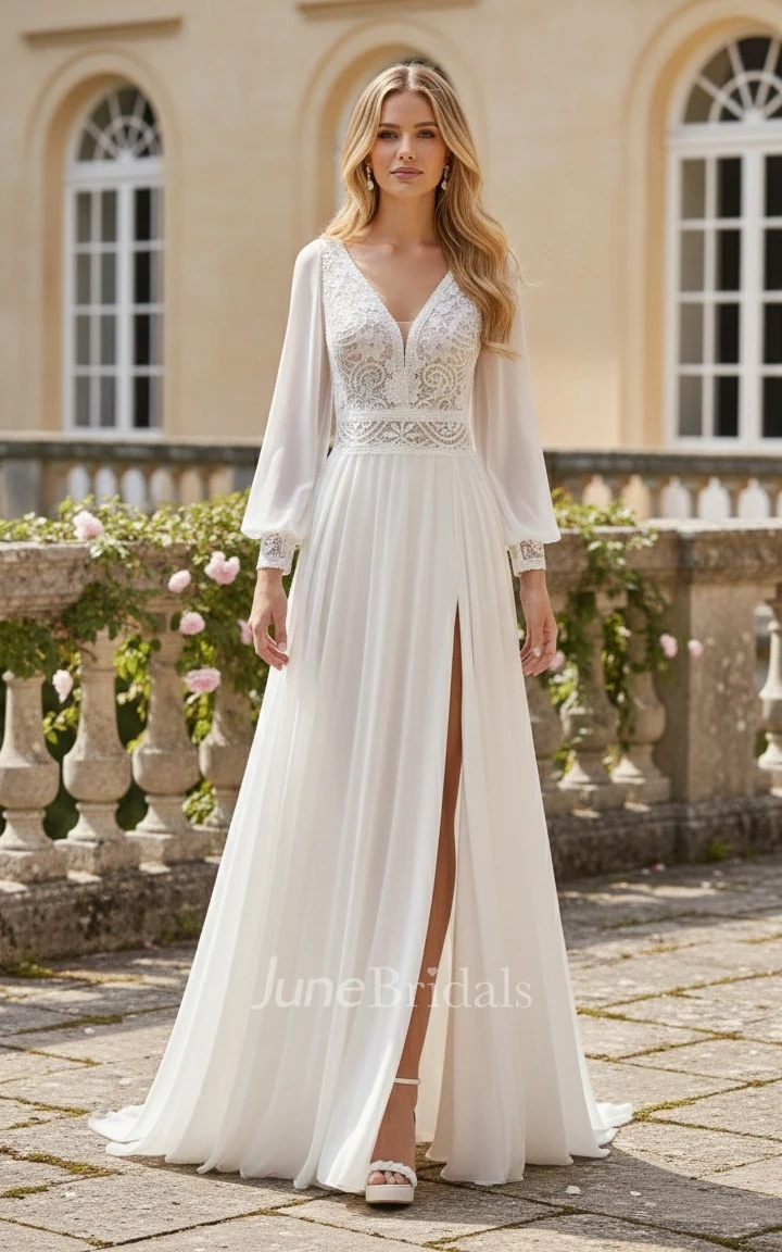 Elegant Vintage Plunging Neckline A-Line Chiffon Lace Winter Wedding Dress Ethereal Romantic Puff Long Sleeve Backless Split Floor-length Bridal Gown with Train