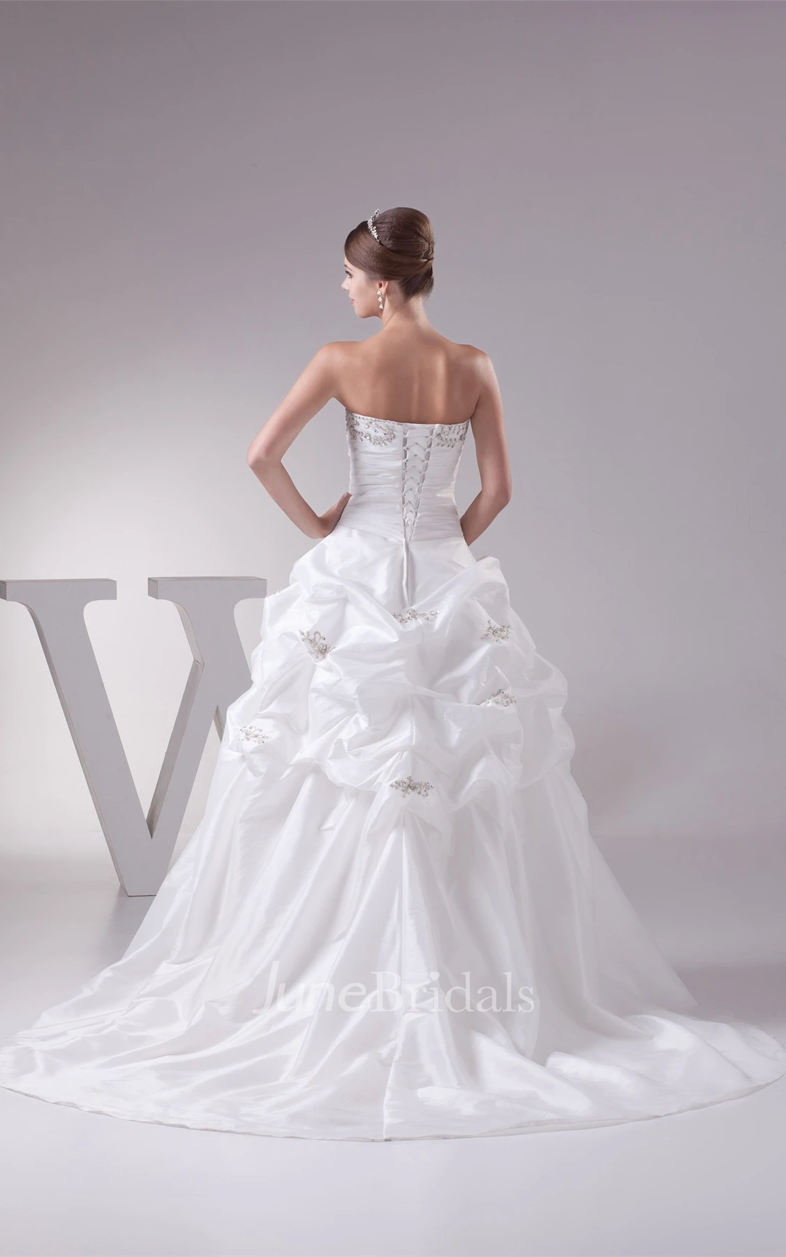 Strapless Pick-Up Pleated Ball Gown with Beading and Appliques