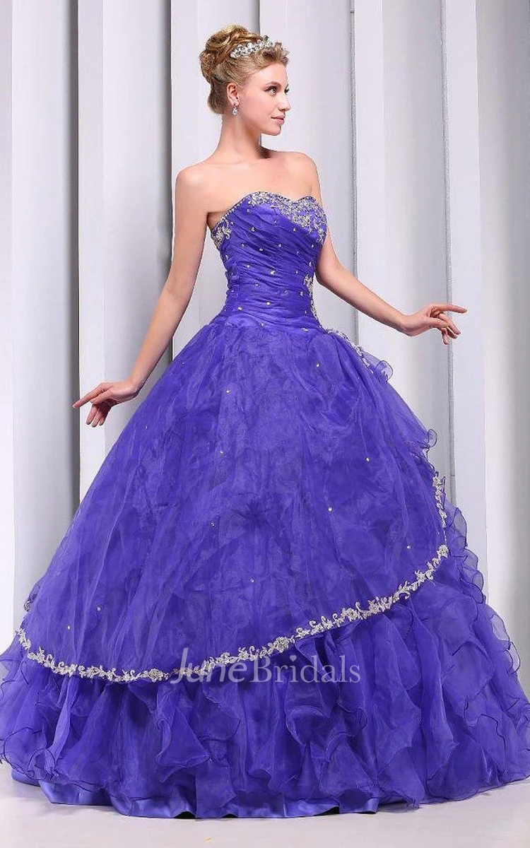 Strapless Ball Gown With Ruffles and Appliques