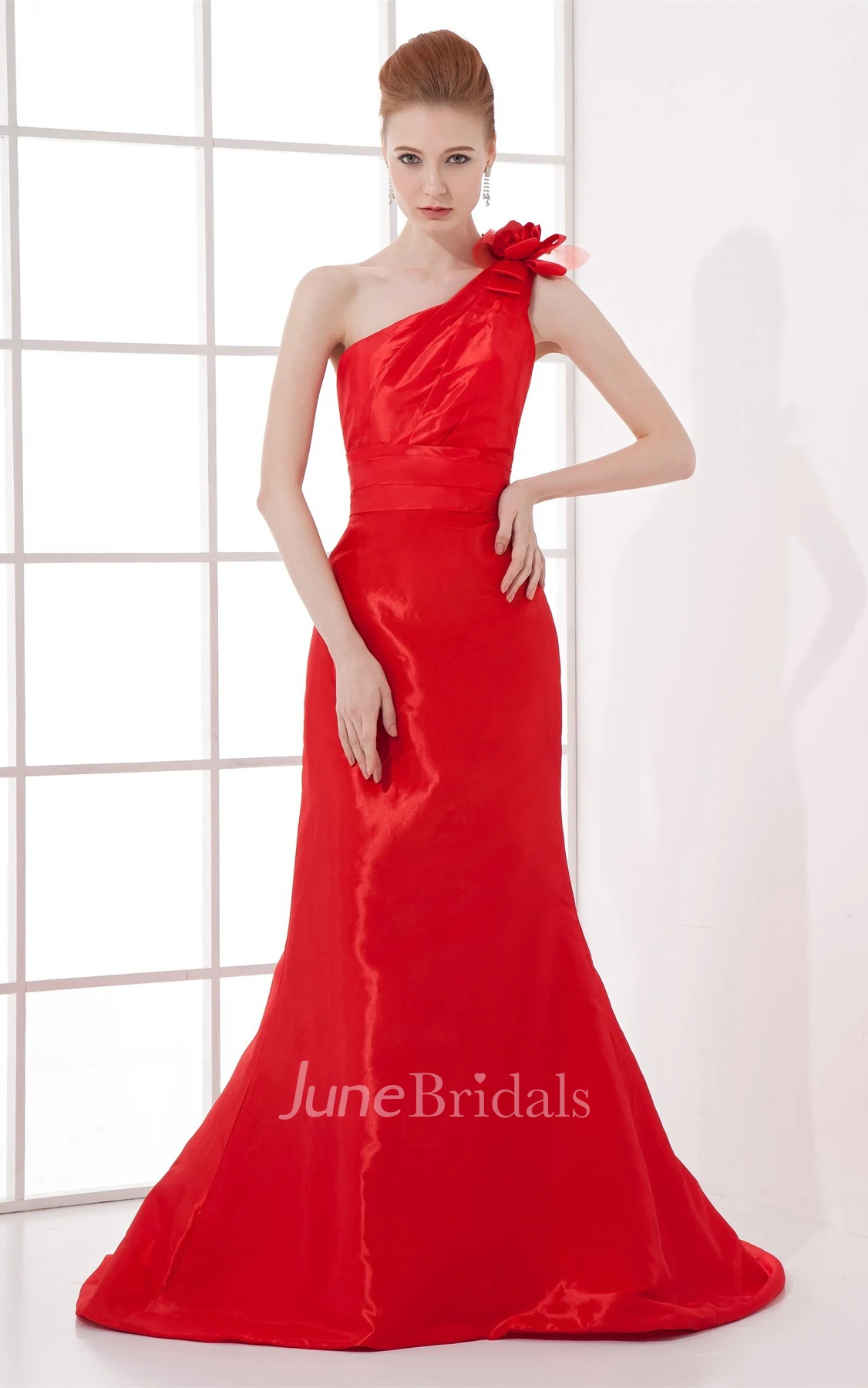 one-shoulder floor-length trumpet dress with floral el