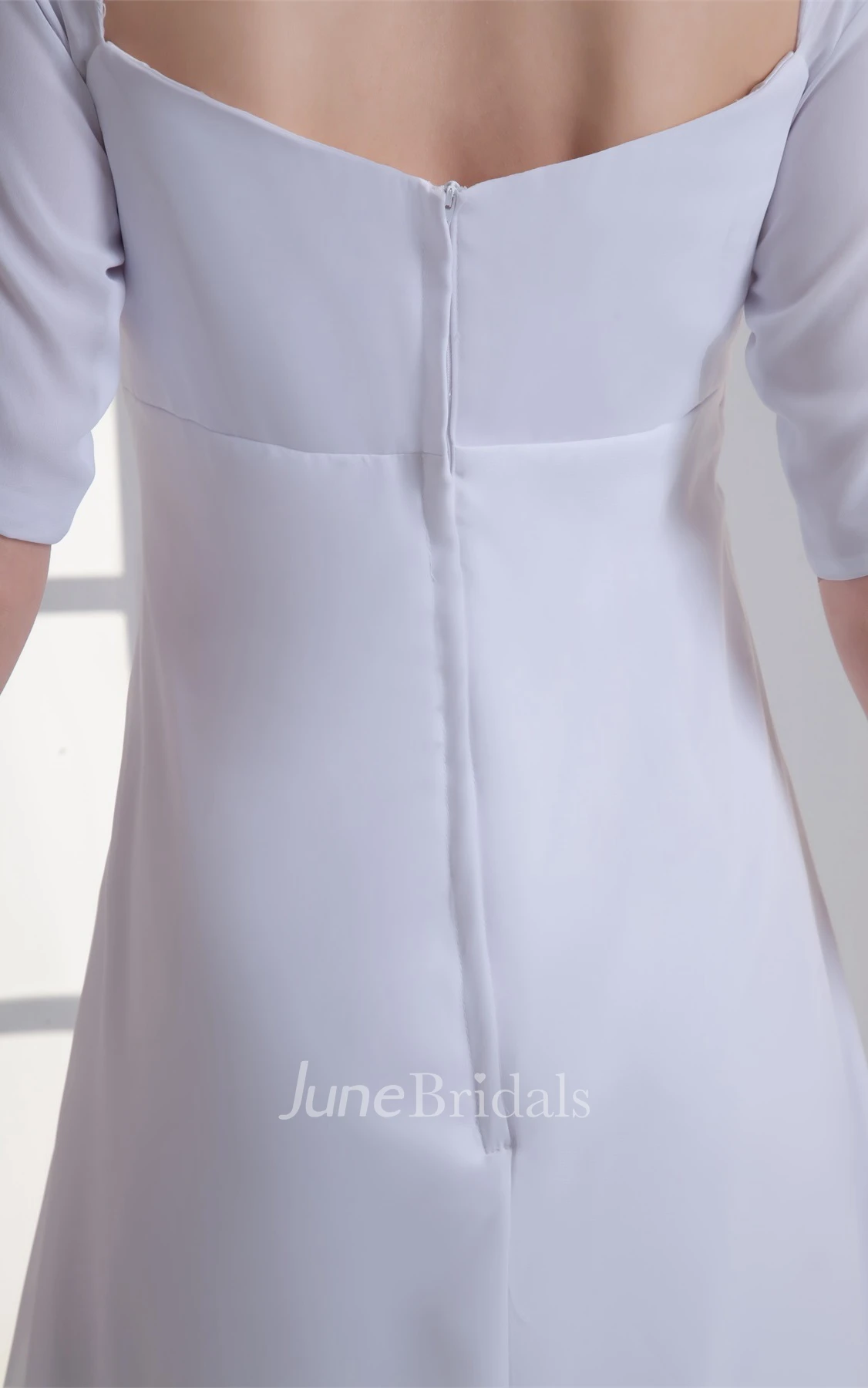 Short-Sleeve Empire Chiffon Maxi Dress with Draping and Sweep Train