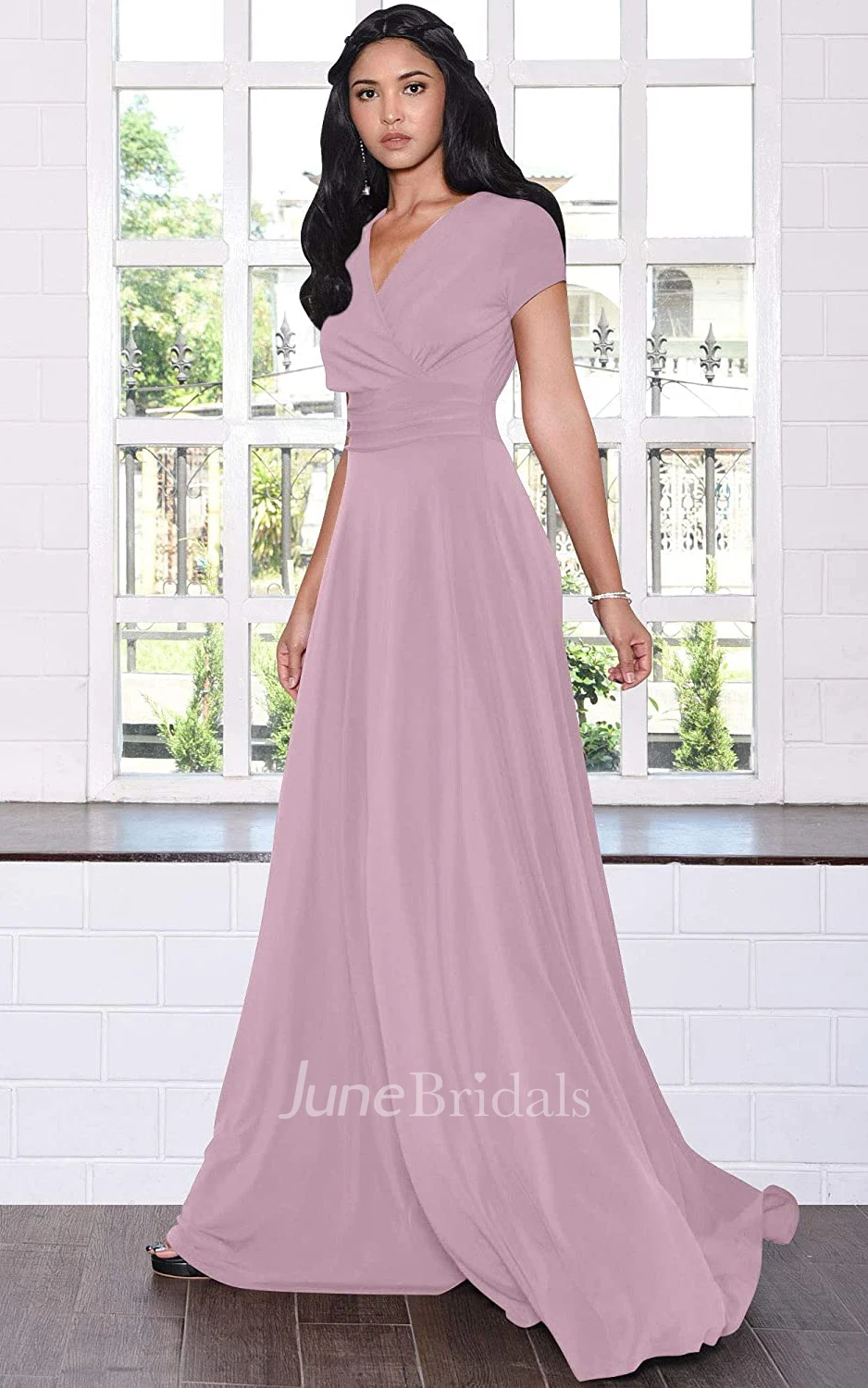 A Line V-neck Jersey Short Sleeve Prom Dress With Criss Cross and Pleats