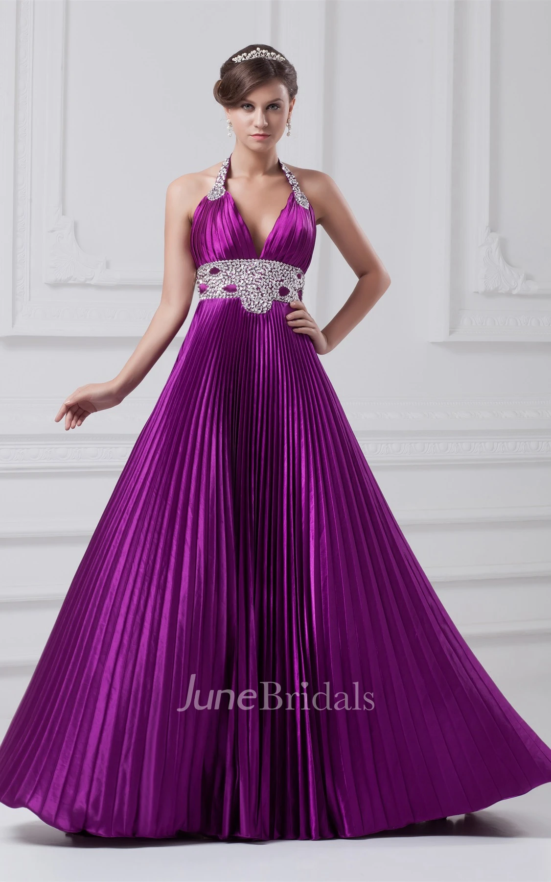 plunged pleated a-line gown with gemmed waist and halter