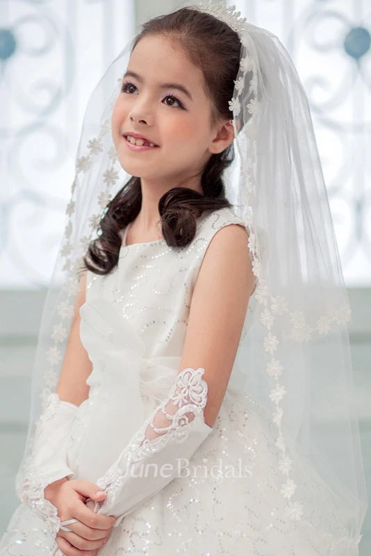 Princess Crown Flower Applique Tulle Flower Girl Veil Accessories