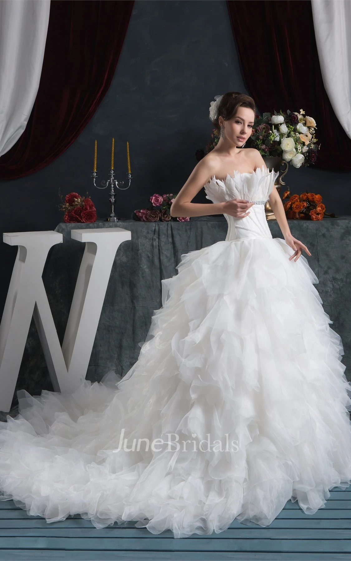Strapless Ruffled A-Line Gown with Tiers and Jeweled Waist