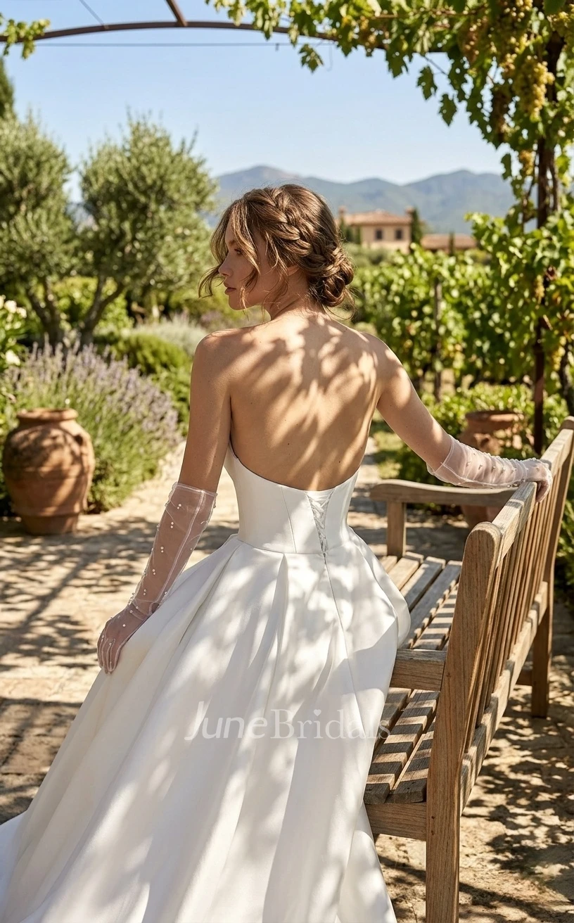 Elegant Sexy Satin Strapless A-Line V-neck Spring Wedding Dress Simple Solid Sleeveless Split Front Floor-length Lace-up Back Bridal Gown with Train