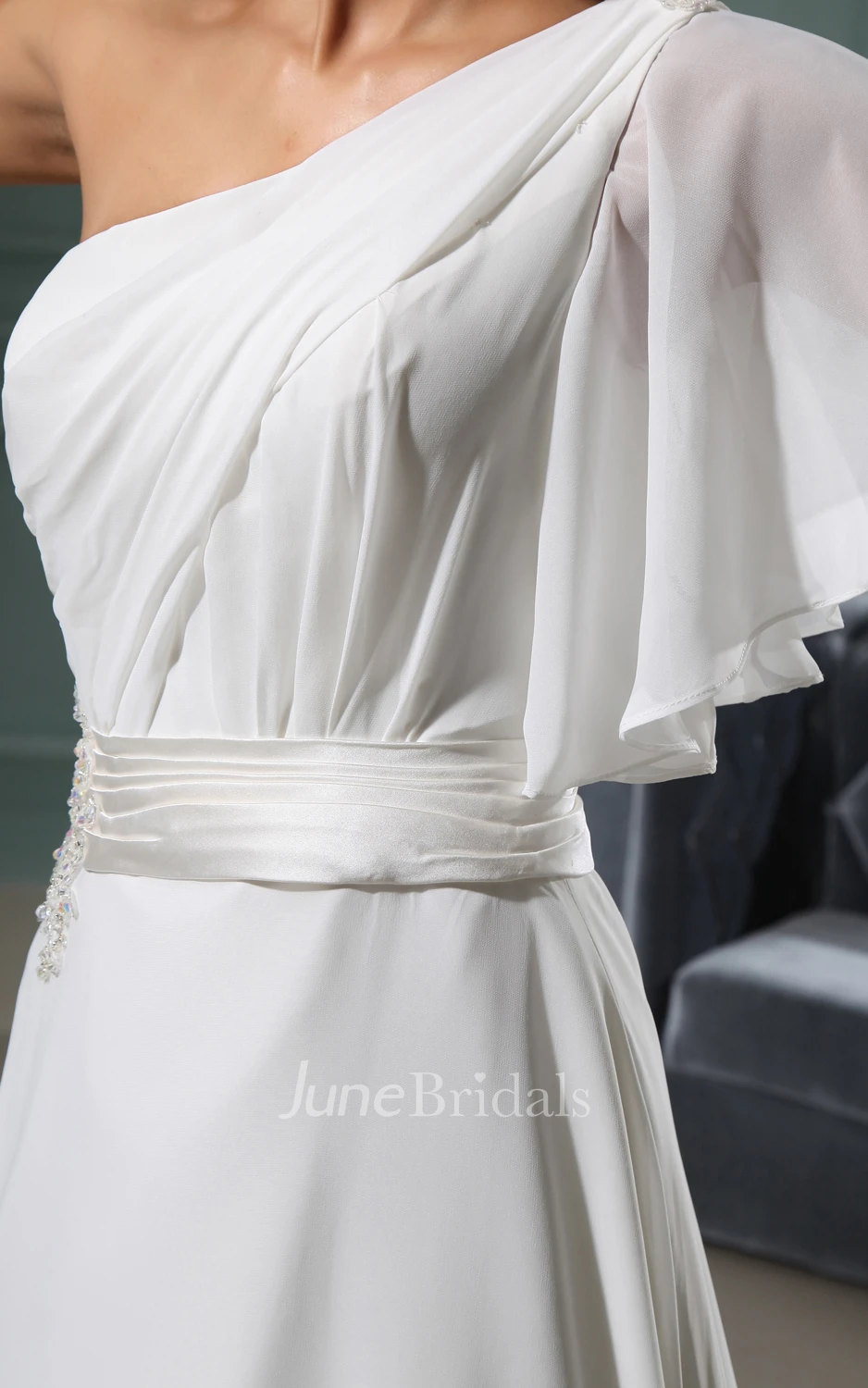 Ethereal A-Line Chiffon Gown With Sating Sash And Ruching