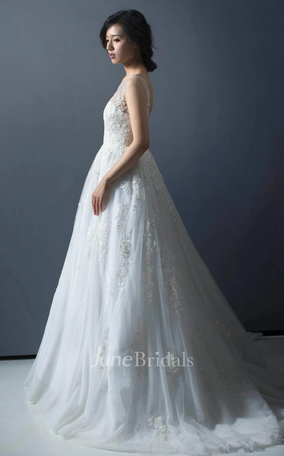 Bateau Illusion Neck A-Line Tulle Dress With Appliques