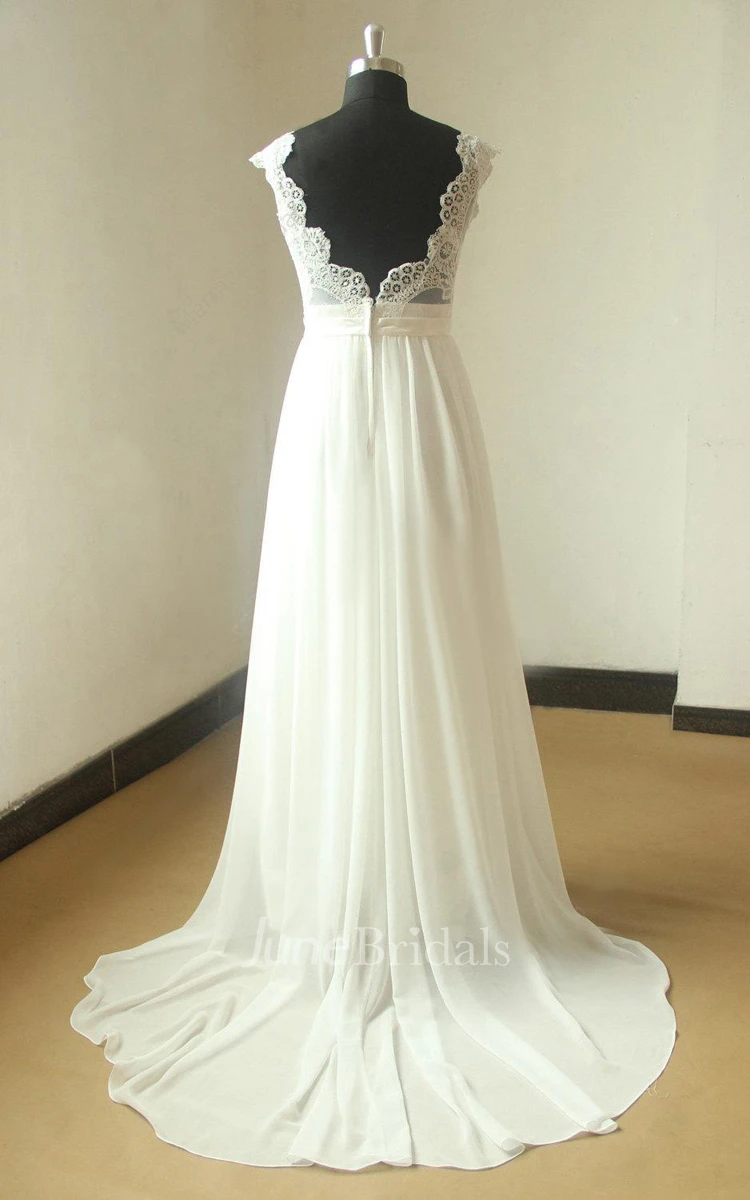 V-Neck Cap Sleeve Chiffon Lace Dress