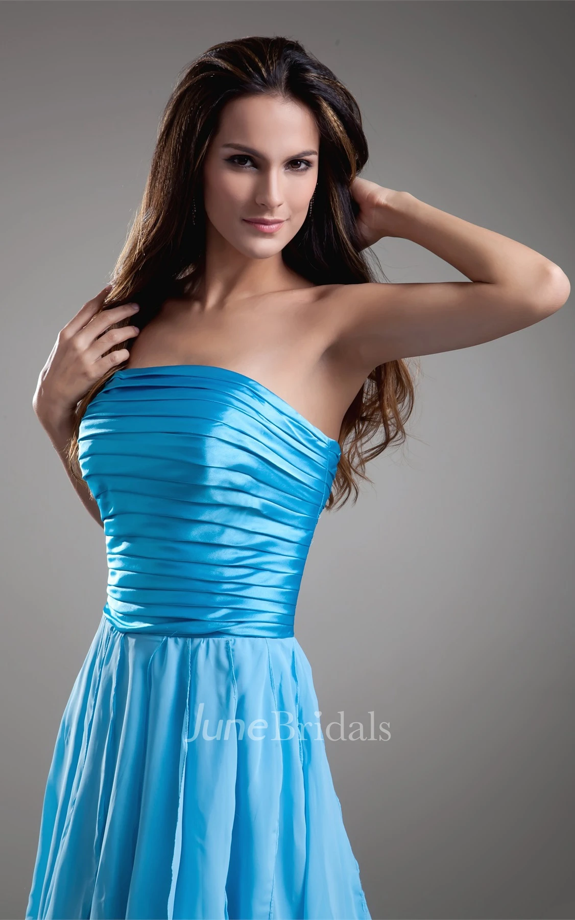Strapless Draped Floor-Length Dress with Ruched Bodice