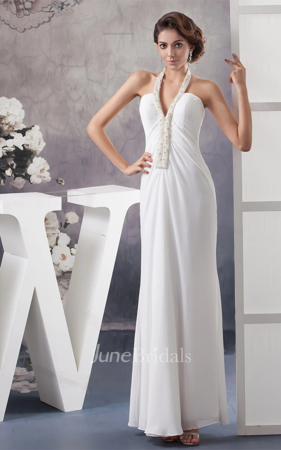 Notched Ankle-Length Chiffon Dress with Beading and Halter