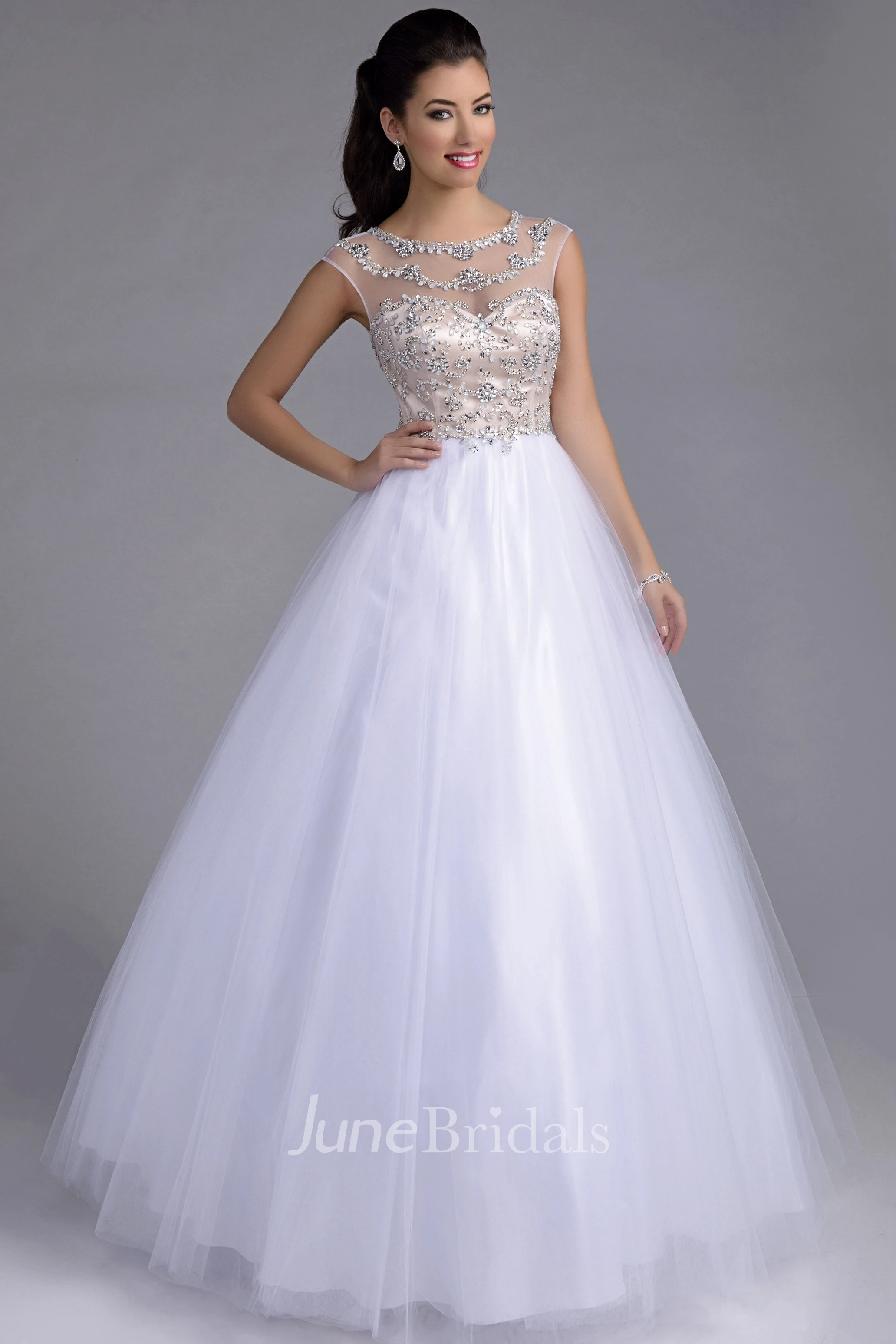 A-Line Illusion Back Featuring Rhinestone-Bodice Tulle Cap-Sleeve Formal Dress