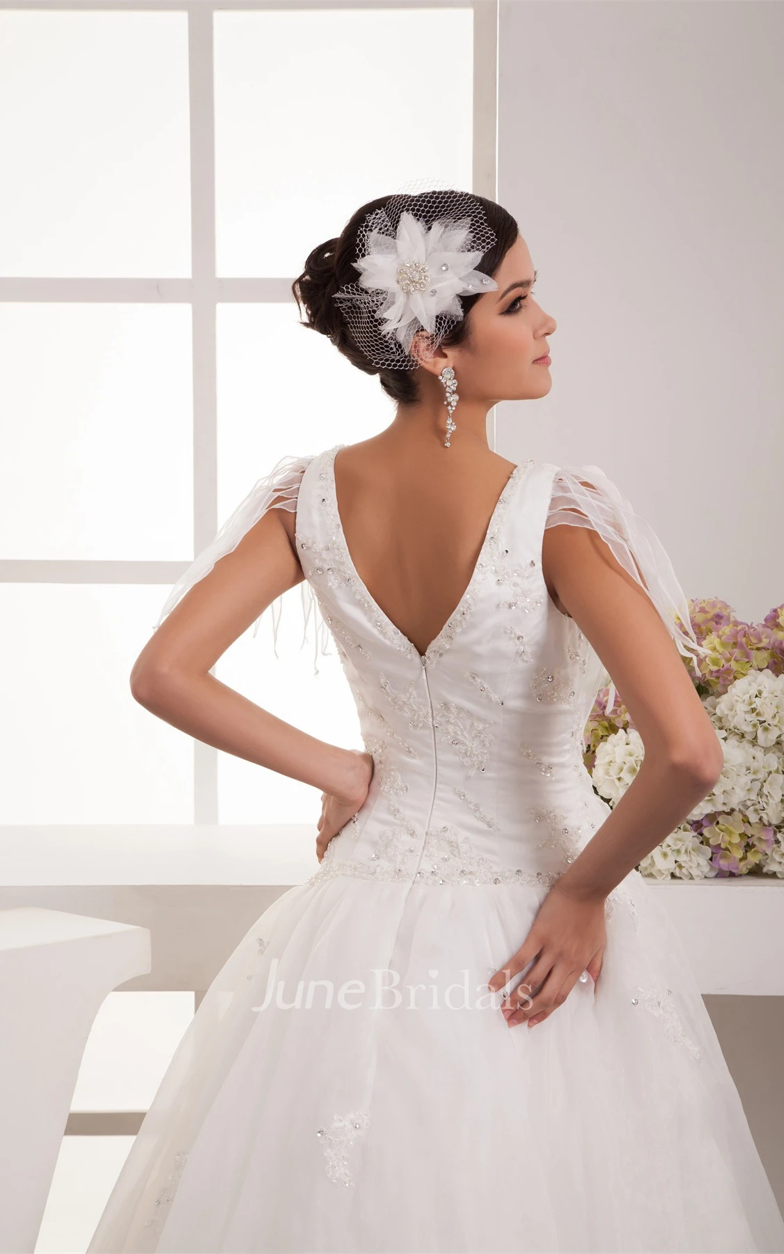 Plunged Tulle A-Line Gown with Pleats and Crystal Detailing