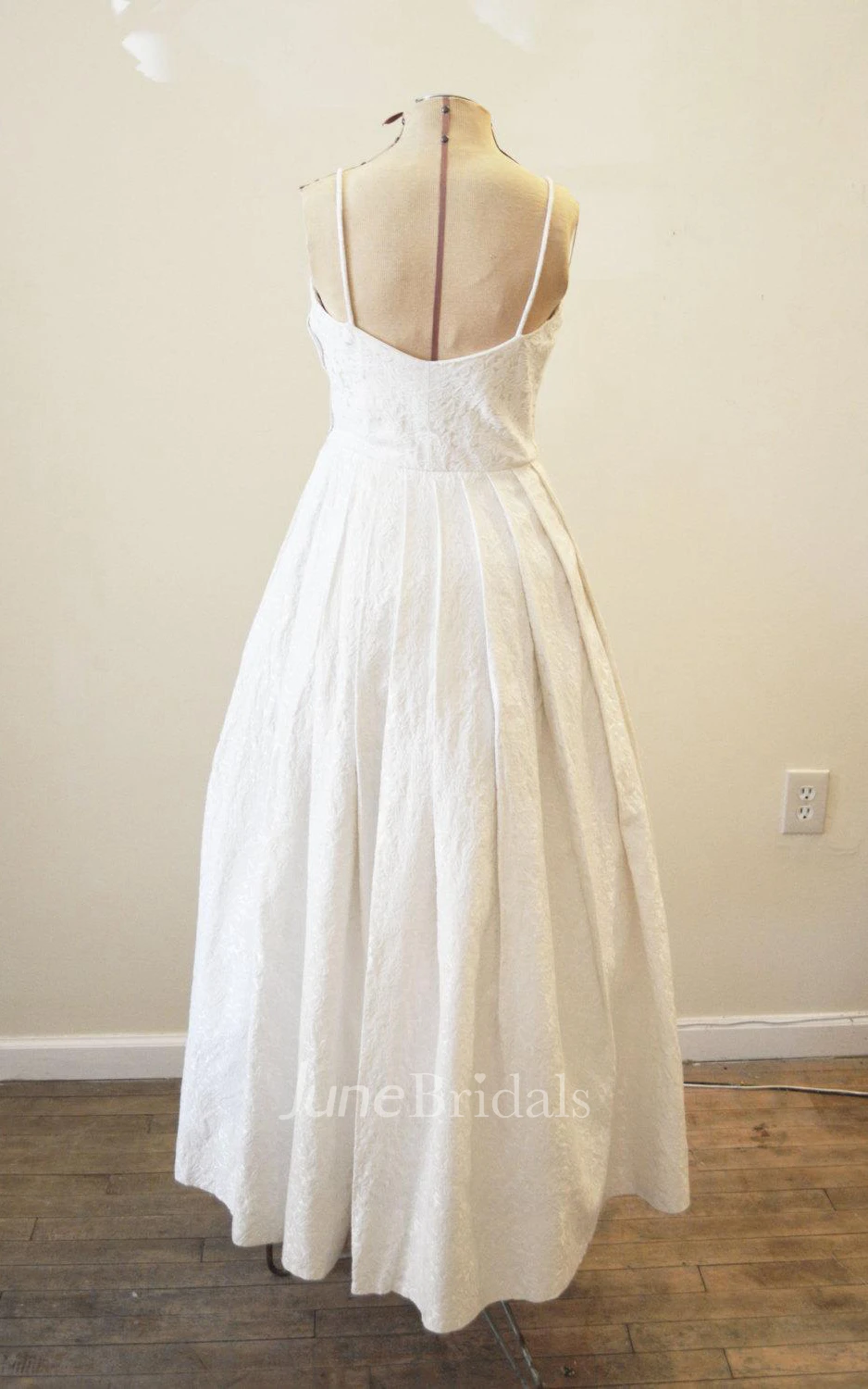 Spaghetti Strap Long A-Line Lace Bridal Gown With Pleats