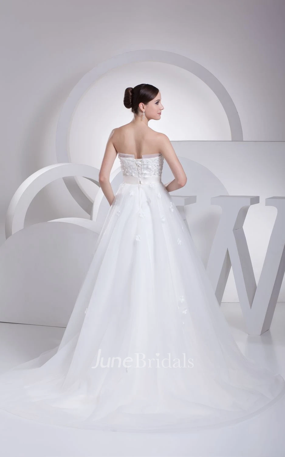 Strapless Tulle A-Line Dress With Ribbon and Flower