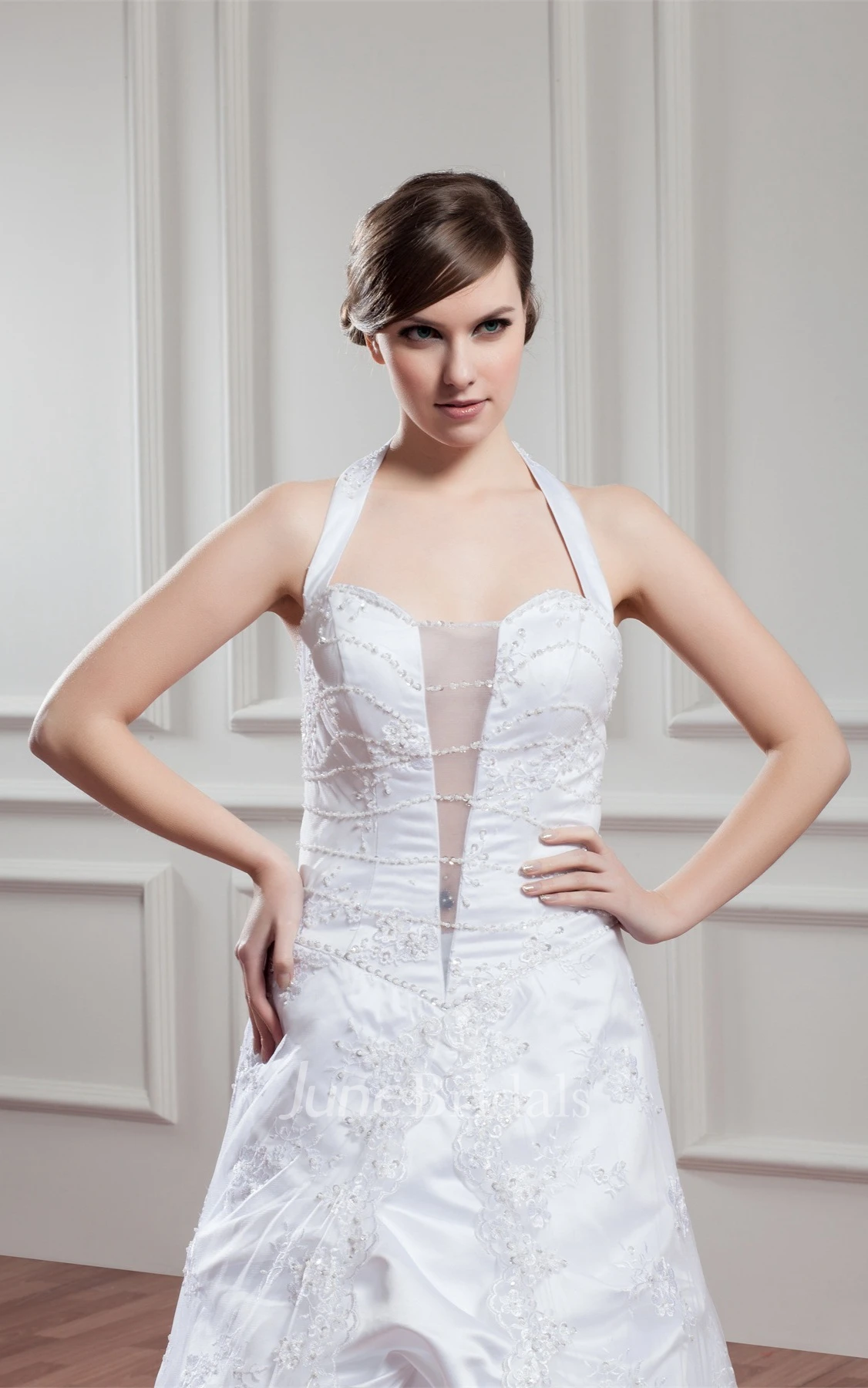 Sleeveless Appliqued A-Line Dress with Illusion and Halter