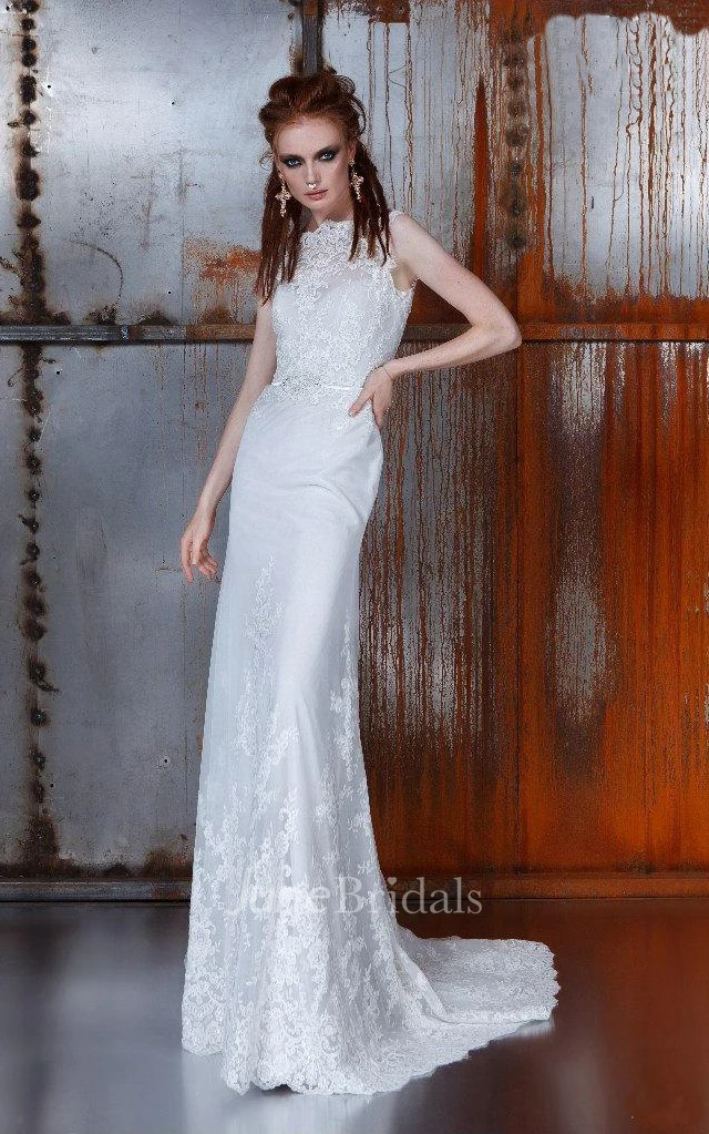 Bateau Sleeveless Sheath Lace Dress With Sweep Train And Illusion Back
