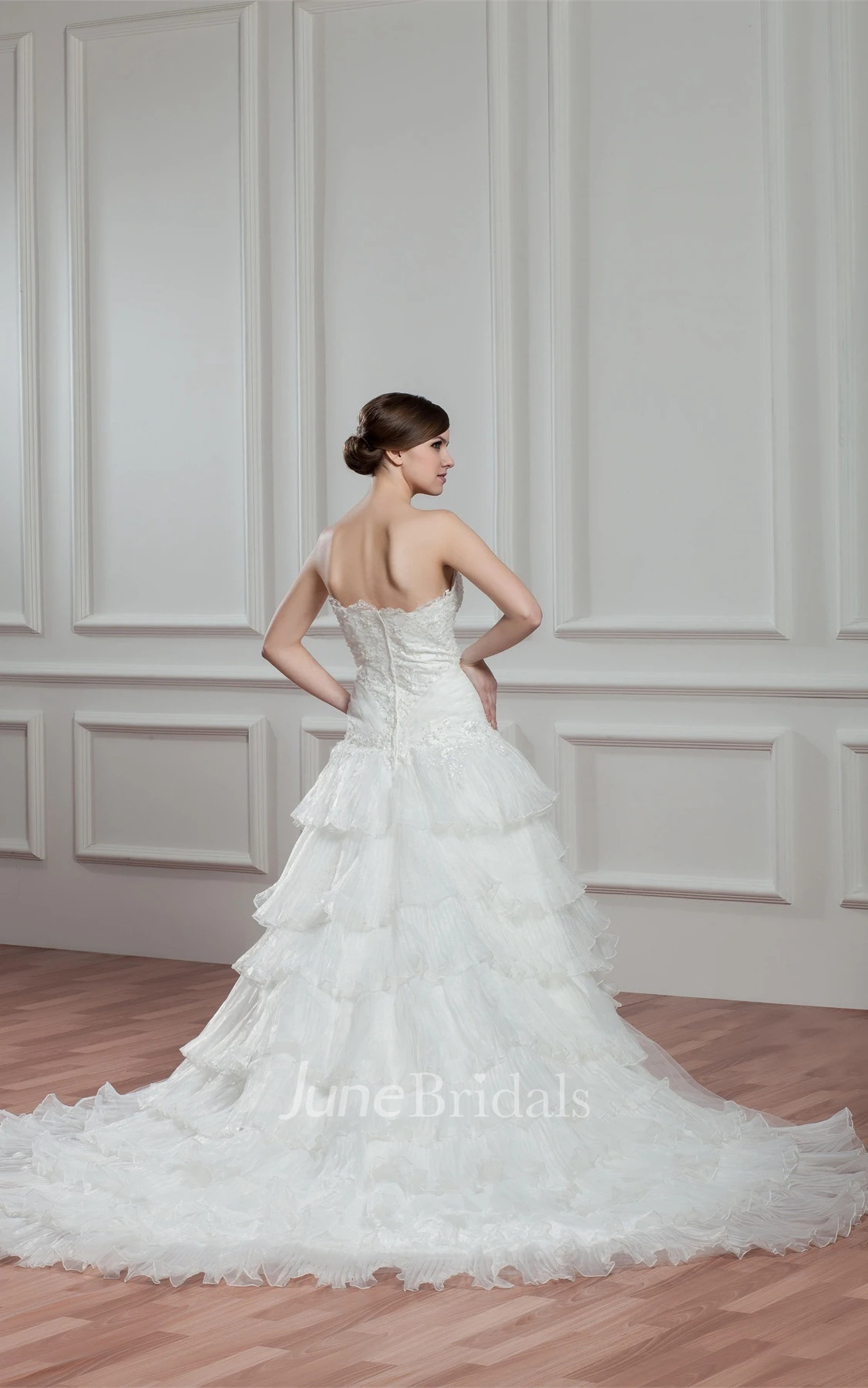 Sweetheart Tiered A-Line Gown with Appliques and Jeweled Top