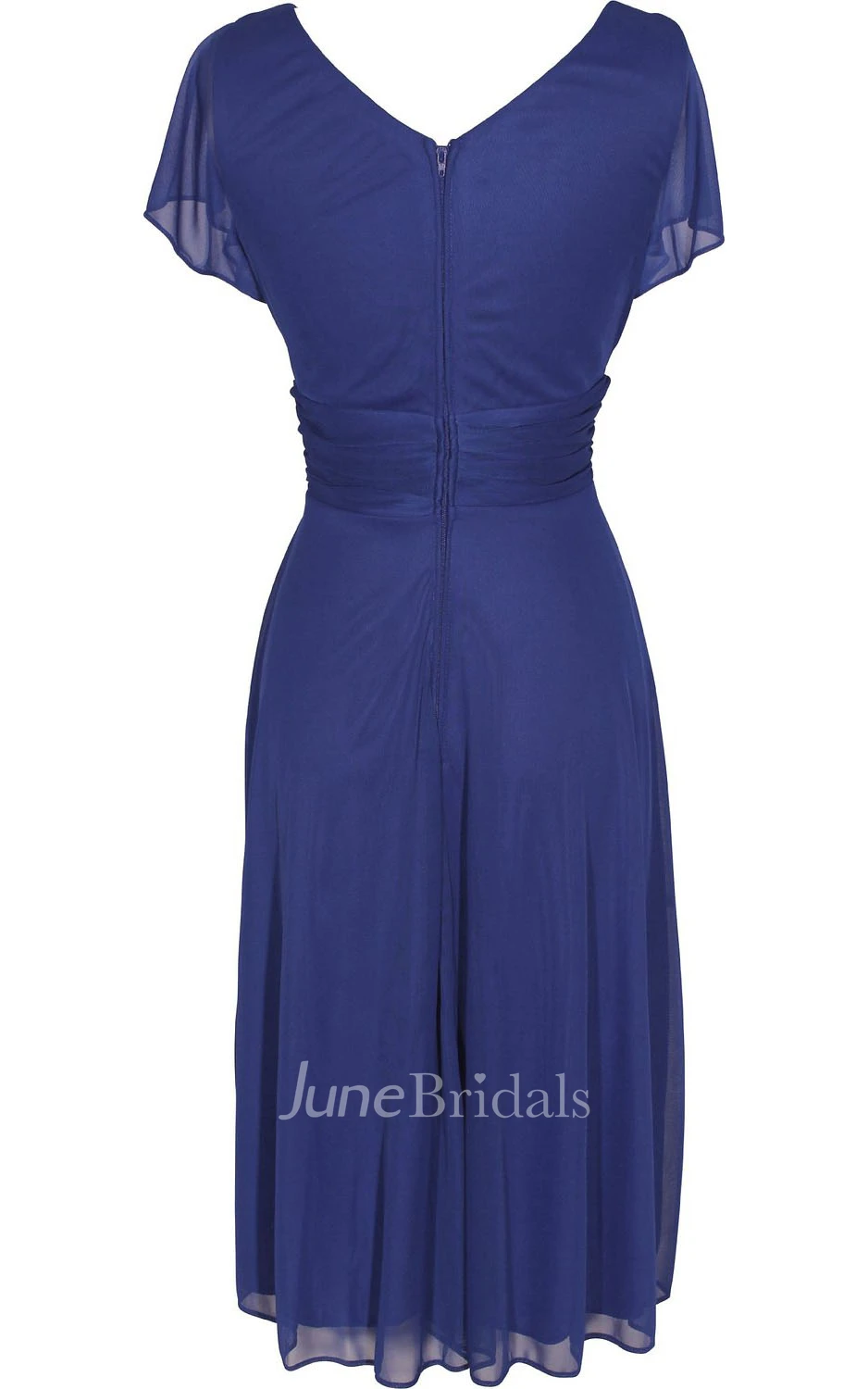 Short Sleeve V-neck Knee-length Chiffon Dress With Beading