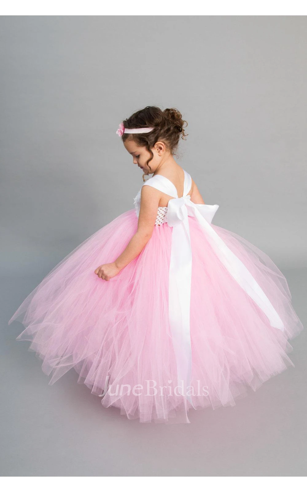 Cap Sleeve Chiffon Flower Bust Pleated Ruffled Tulle Ball Gown With Bow Sash