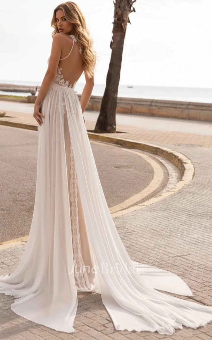 Bohemian Halter Neck Lace Wedding Dress Sleeveless A-Line Beach Destination Gown