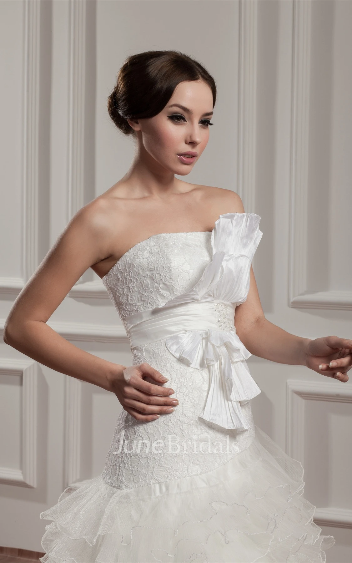 Strapless Ruffled A-Line Gown with Bow and Tiers