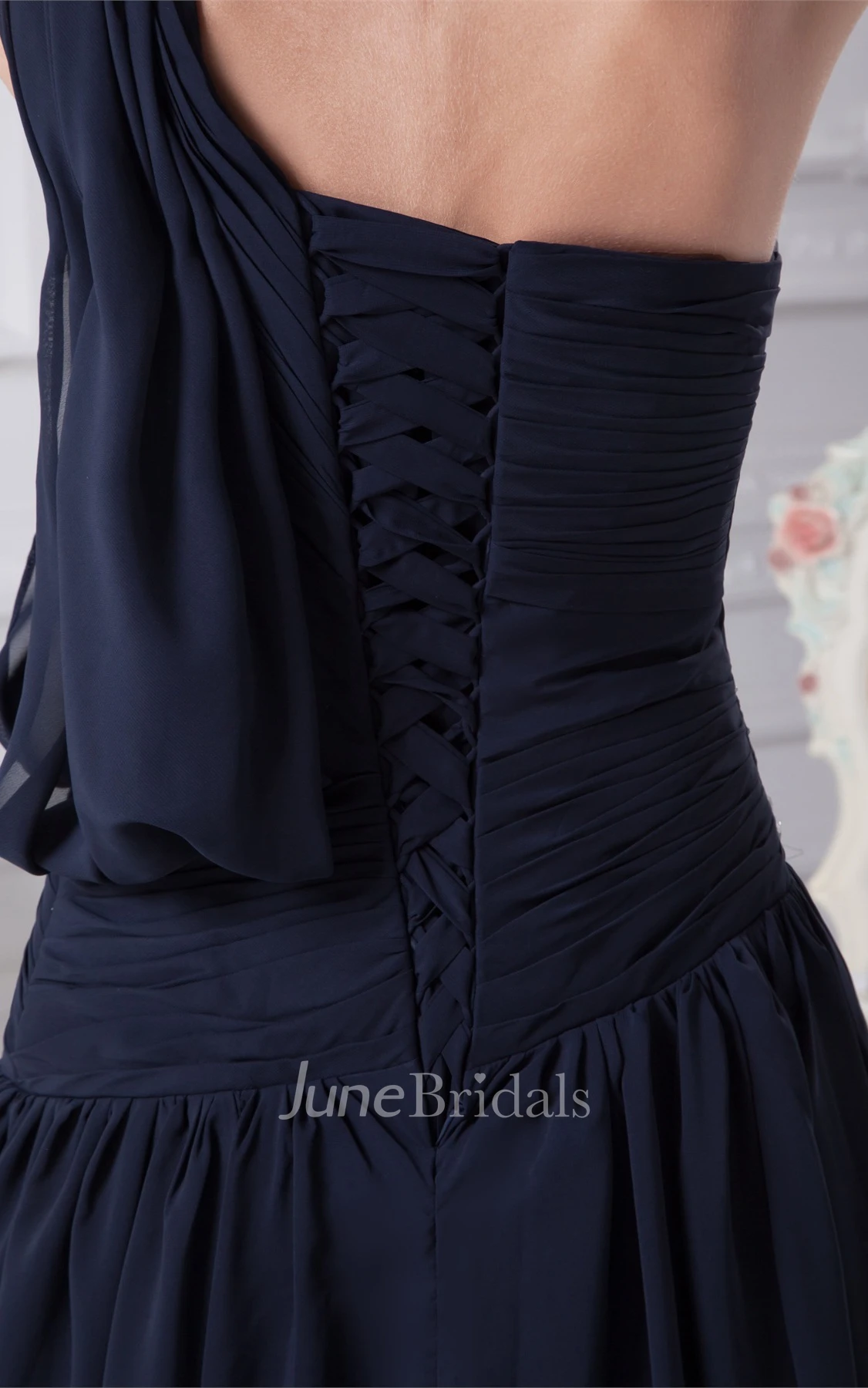 One-Shoulder Chiffon Pleated Gown with Beading and Corset Back