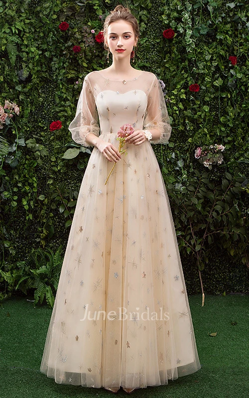 Elegant Tulle Bateau High Neck Off-the-shoulder A Line Prom Dress With Sequins