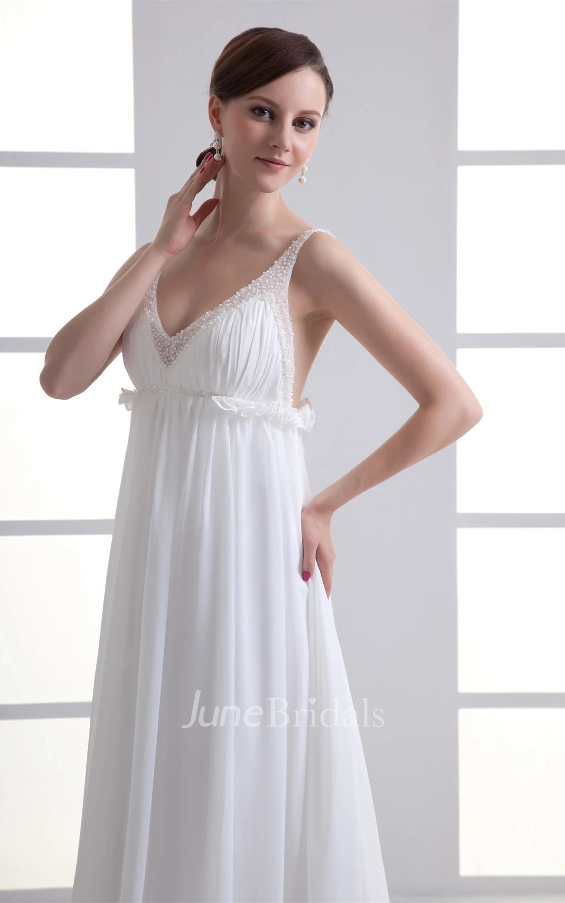 chiffon empire maxi strapped dress with pleats and beading