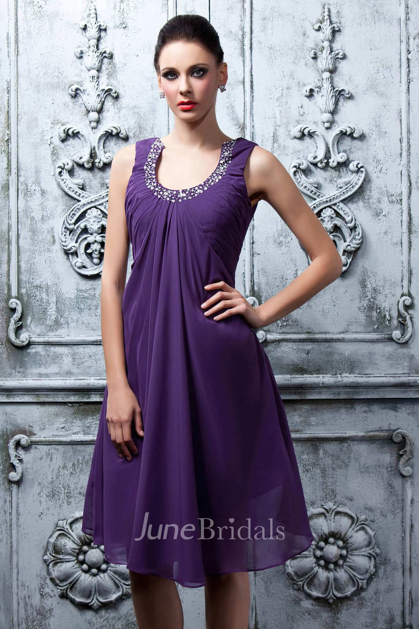 Sleeveless Beaded Scoop Neckline A-line Knee Length Chiffon Gown