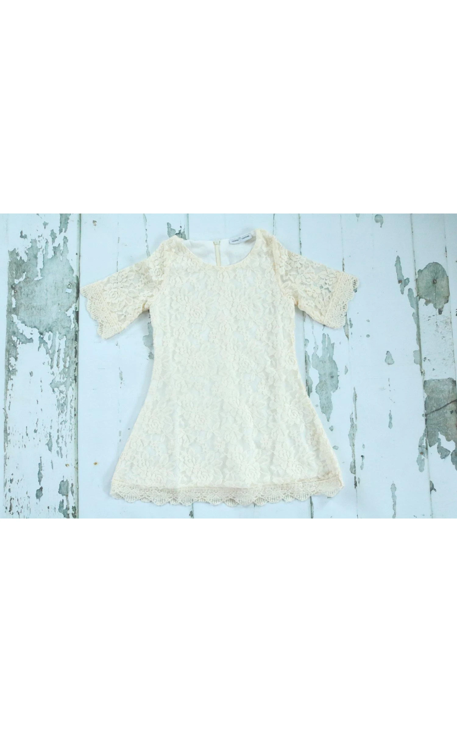 Boho 3 4 Sleeve Jewel Neck Ivory Lace Rustic Girl Dress