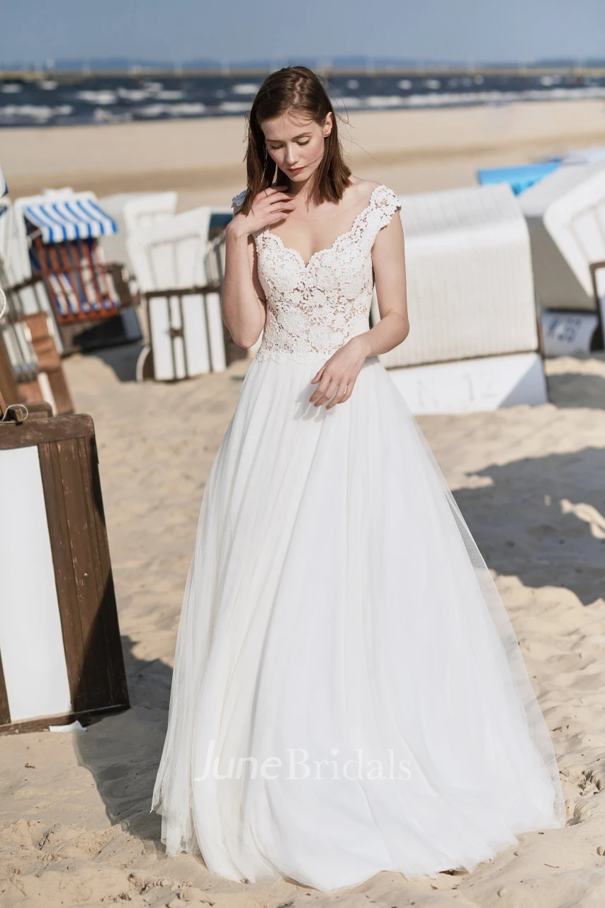 Adorable Cap Sleeve Ball Gown Wedding Dress With Deep V Back