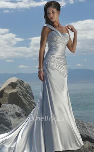 Trumpet Mermaid One Shoulder Sweep Brush Train Elastic Woven Satin Wedding Dress
