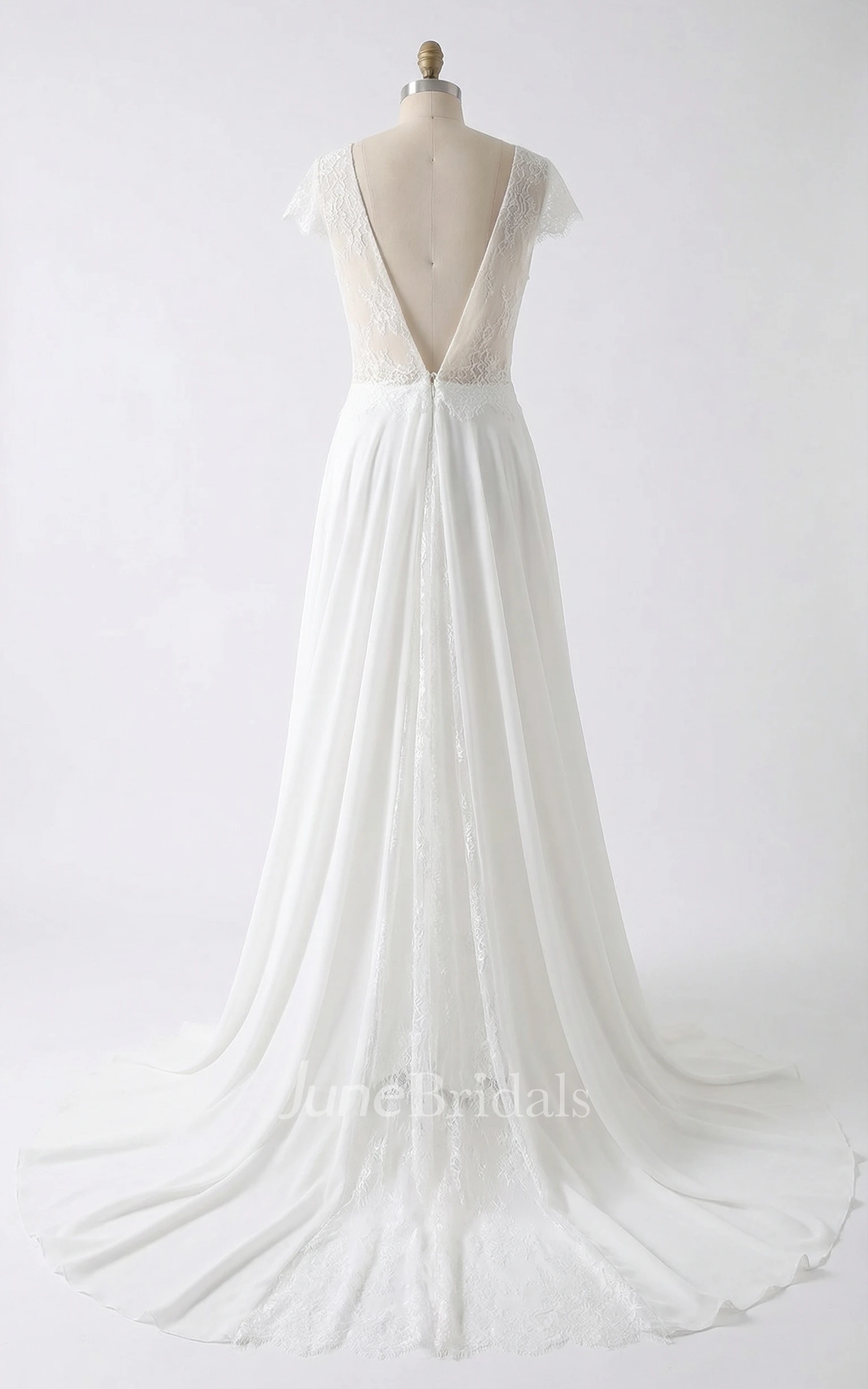 Elegant Lace A-Line Cap Sleeve Wedding Dress with Illusion Deep-V Back