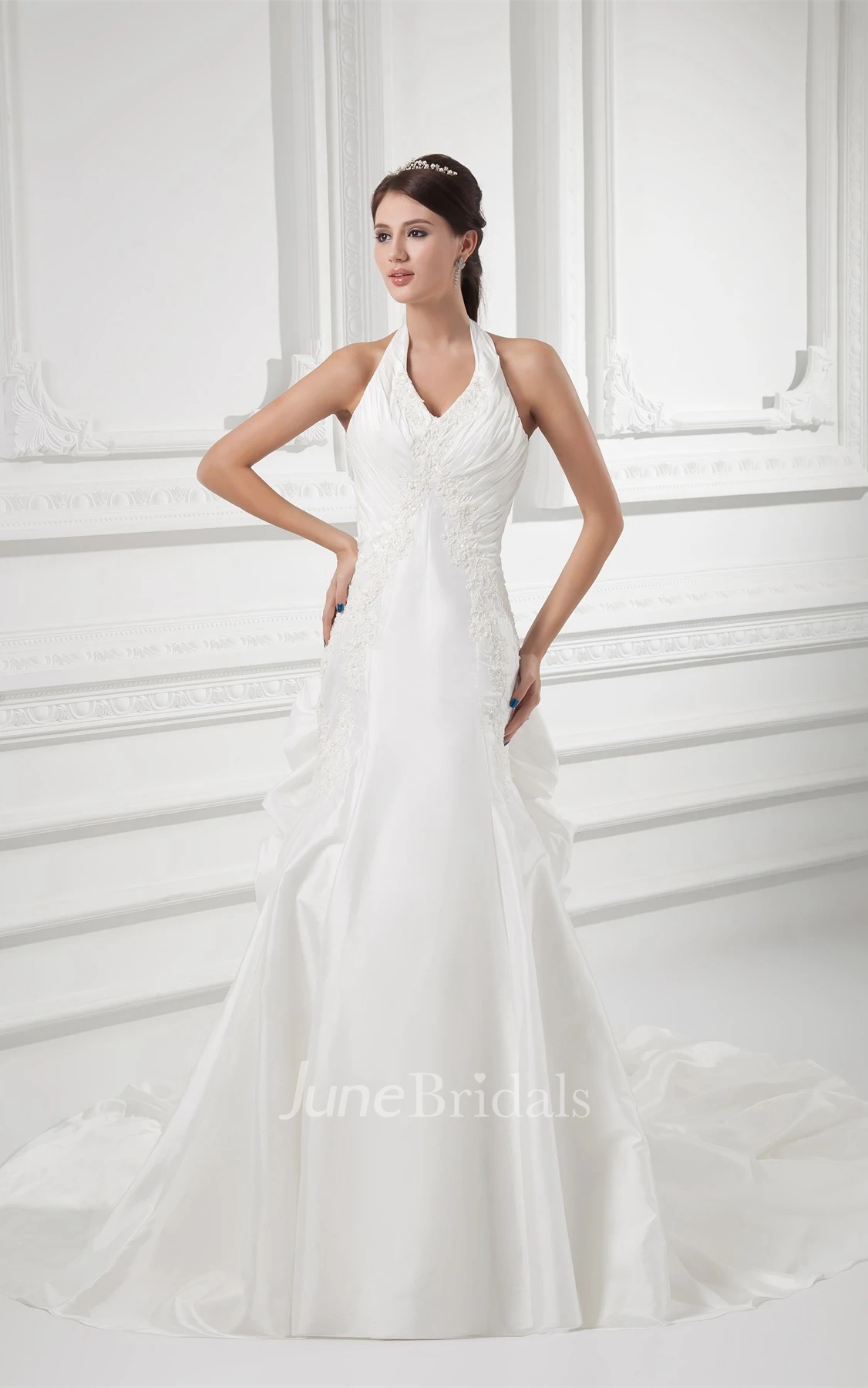 haltered a-line sleeveless gown with appliques and ruching