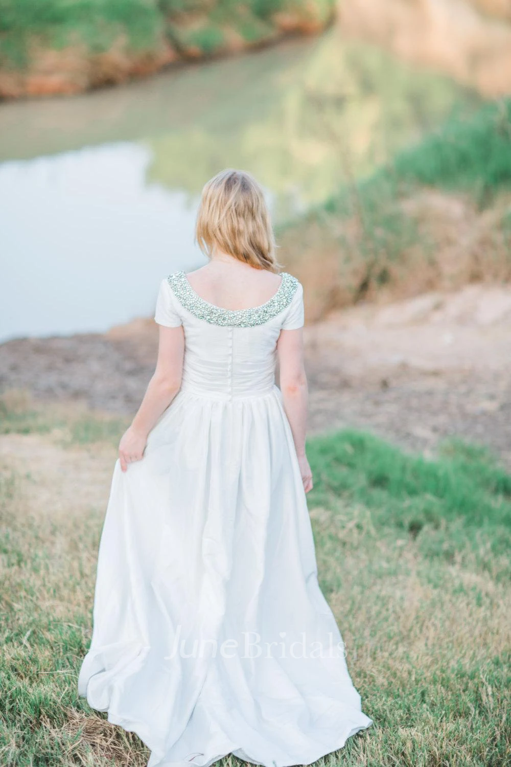 Modest Short Sleeve Beaded Square Neck Ruched A-Line Taffeta Wedding Dress