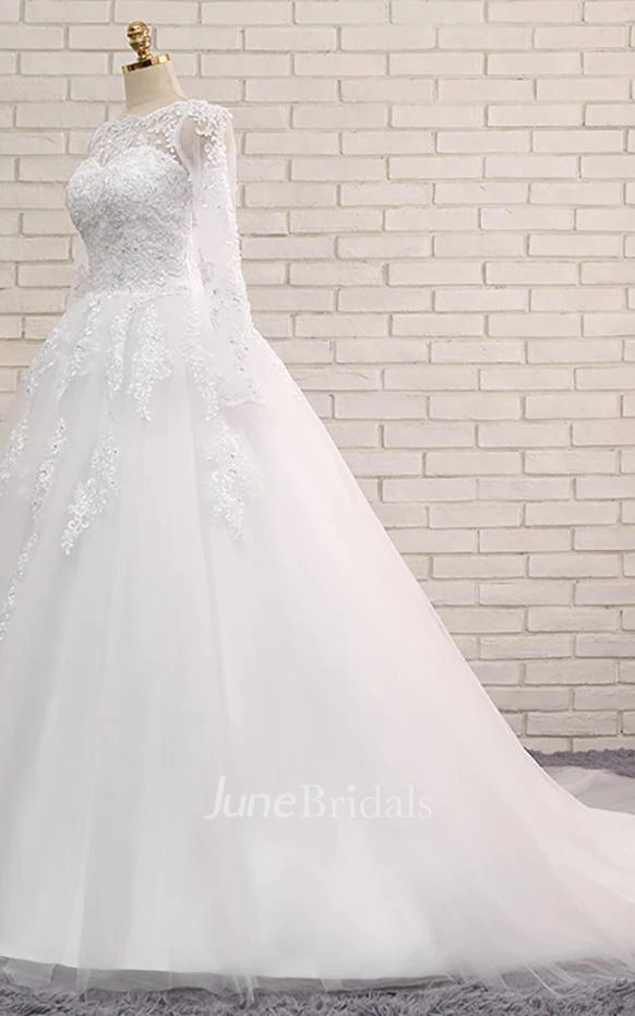 A-Line Long Jewel Long Sleeve Appliques Chapel Train Zipper Lace-Up Back Tulle Lace Sequins Dress