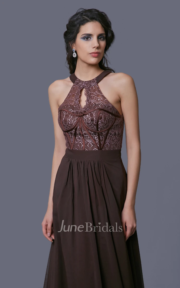 Sleeveless A-Line Chiffon Dress With Keyhole Back and Lace Bodice
