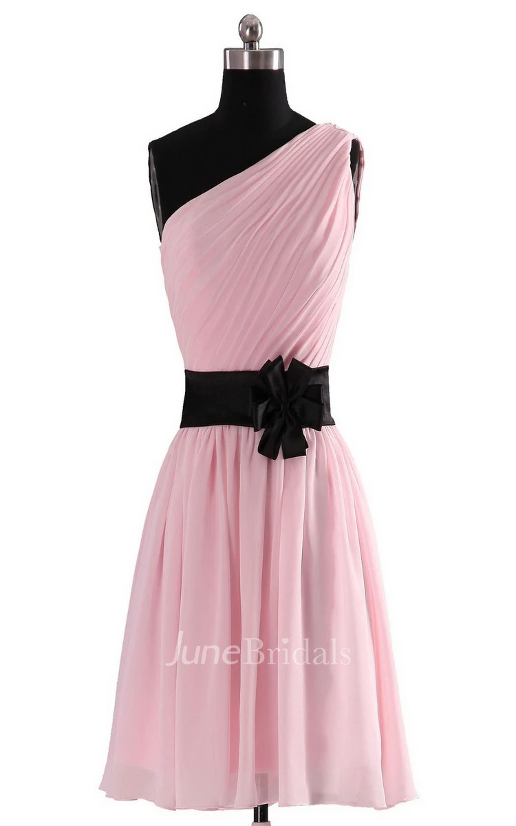 One-shoulder Pleated Chiffon Short Dress With Floral Band