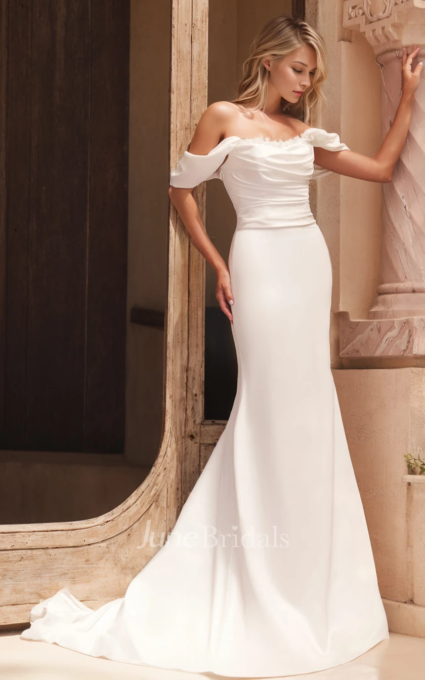 Simple Elegant Mermaid Off-the-Shoulder Satin Spring Wedding Dress Solid Ruching Bridal Gown